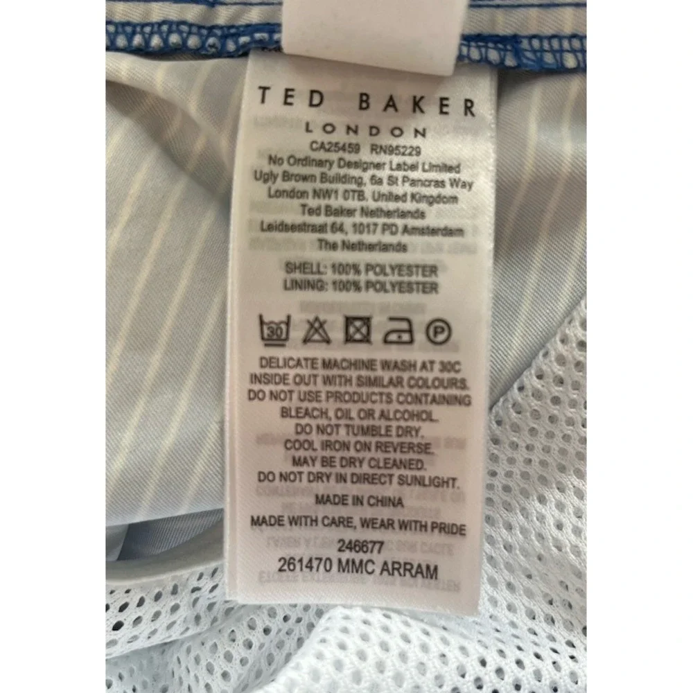 $120 NWT Ted Baker Sz L (4) Swim Trunks Blue Striped Shorts Liner Zip Pockets